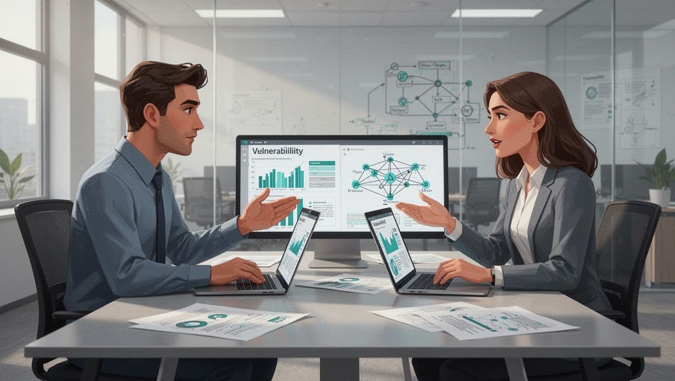 Man and woman IT professionals seated at conference table with laptops showing vulnerability charts and network diagrams, gesturing intently.