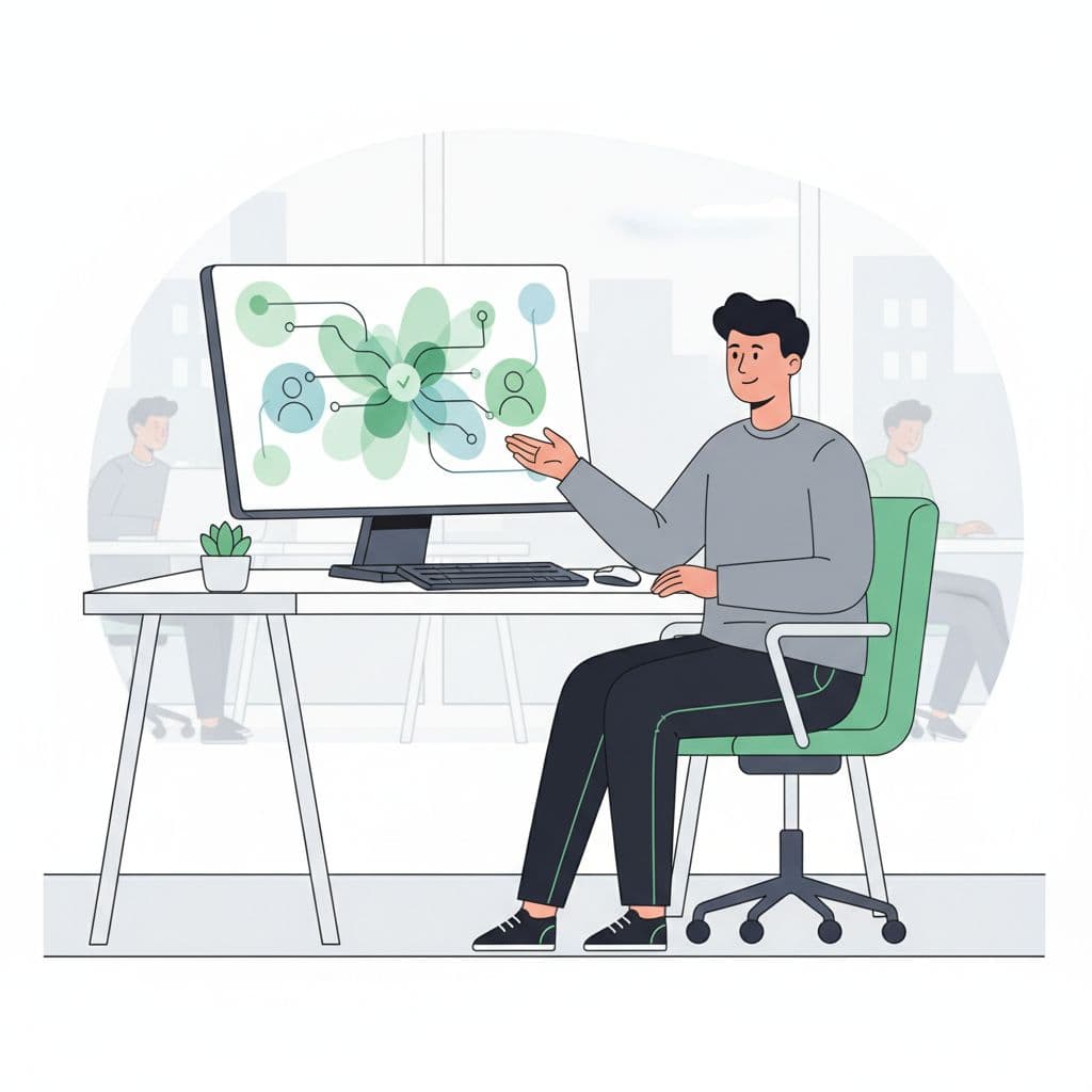 An IT professional sits at a clean desk viewing an abstract identity verification interface on their computer.