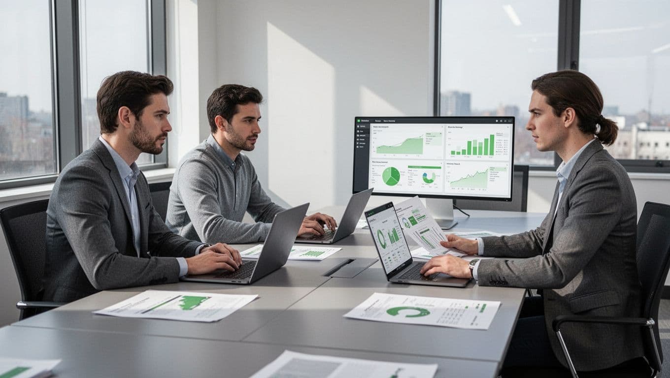 Three IT professionals in conference room review documents and dashboards on laptops.