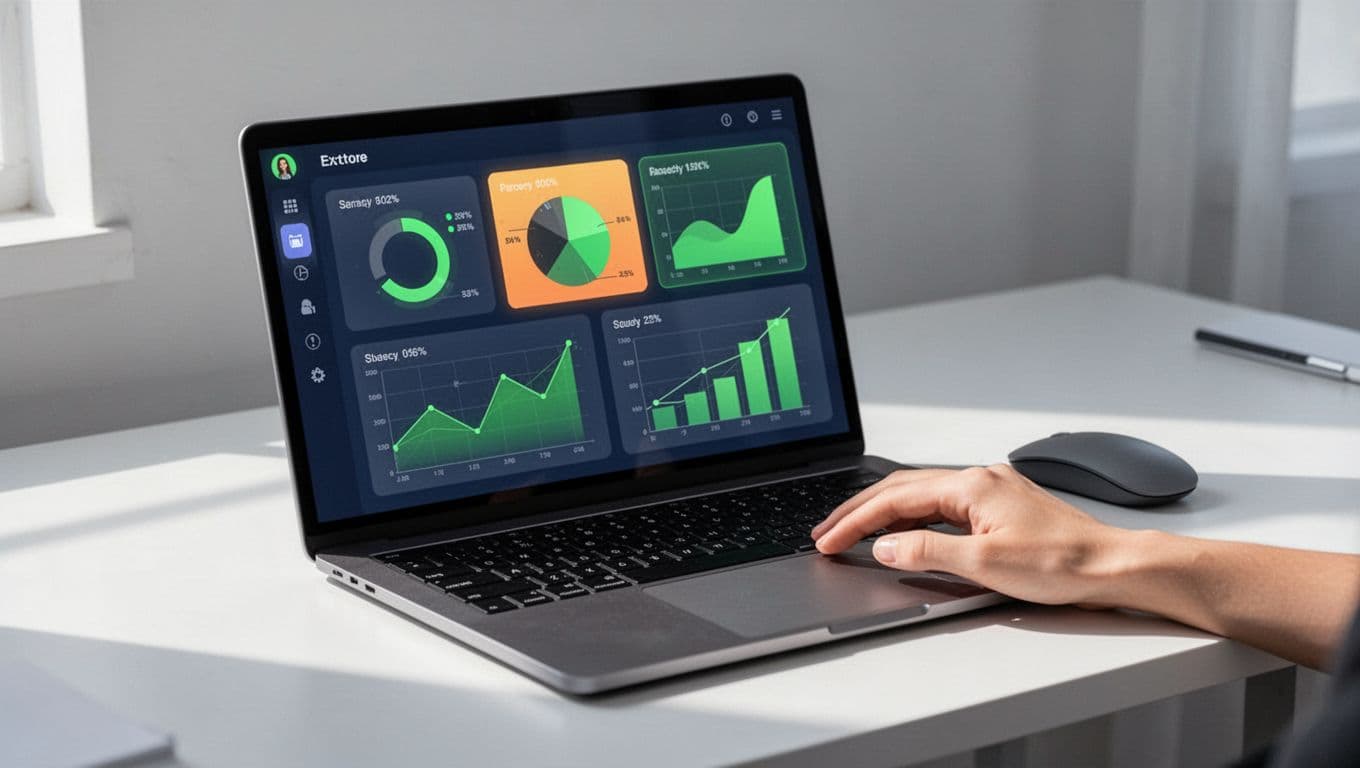 Laptop on desk shows clean Jira dashboard with CTEM fields like risk score, charts, green priority accents; hand rests on mouse.