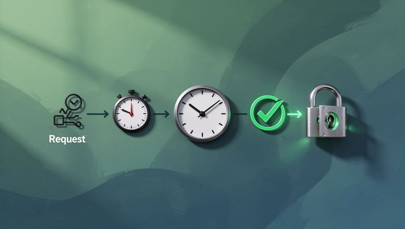 Flowchart diagram of just-in-time access approval steps for contractors, with central clock, timer, and secure lock.