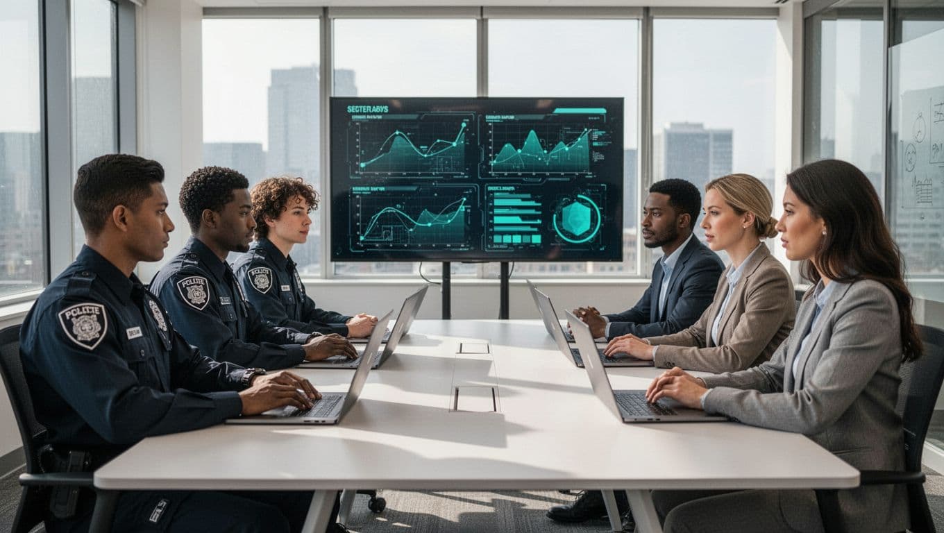 Diverse group of six professionals, three in security attire and three in business casual, seated around conference table with open laptops showing security charts.