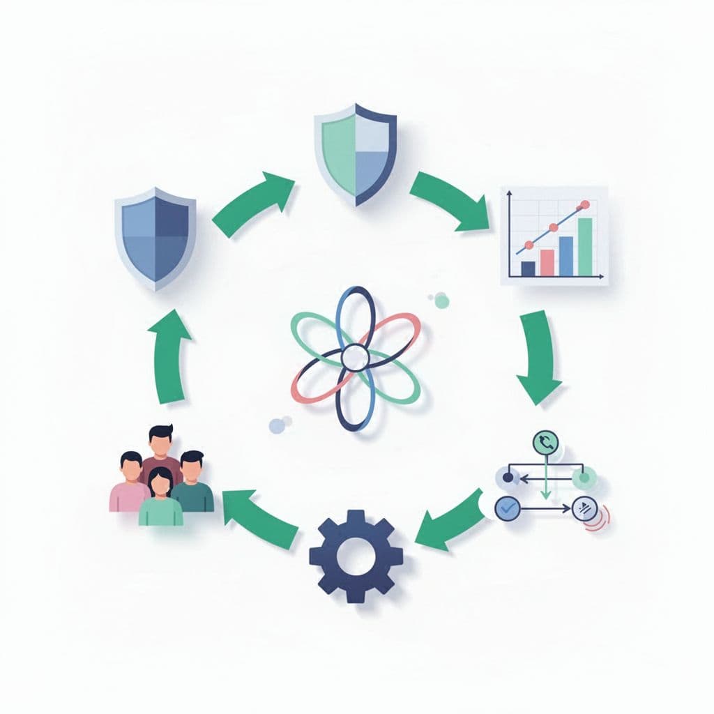 Five icons for security shield, finance chart, HR people, product gear, and operations flowchart connected by green lines in a circle around central team hub on white background.