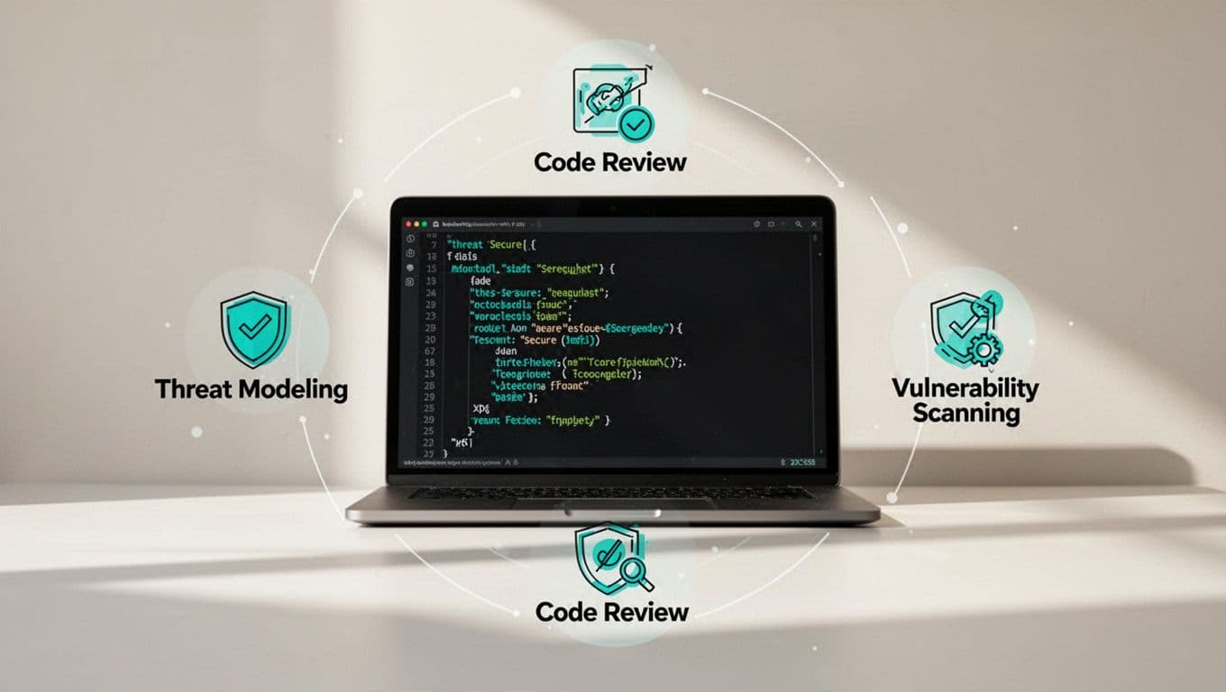 Icons for threat modeling, code review, and vulnerability scanning surround a central laptop screen showing secure code.