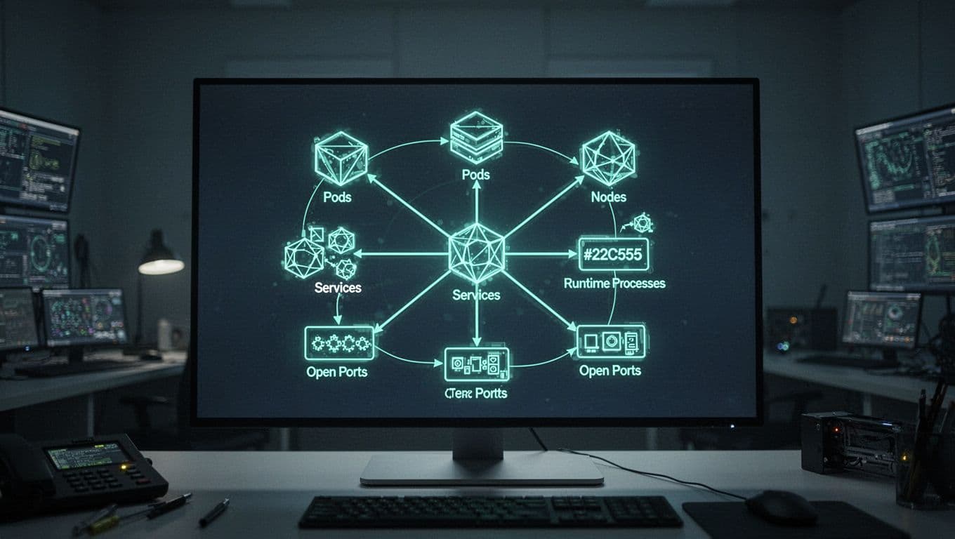 Dark mode dashboard on control room monitor shows interconnected pods, nodes, services, processes, and ports with glowing green highlights.