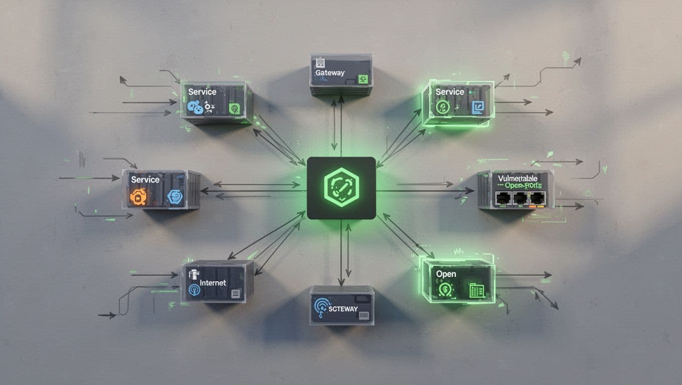 Kubernetes cluster diagram with microservices pods connected to ingress controller, arrows showing internet exposure of open ports and dashboards, secure elements in green.