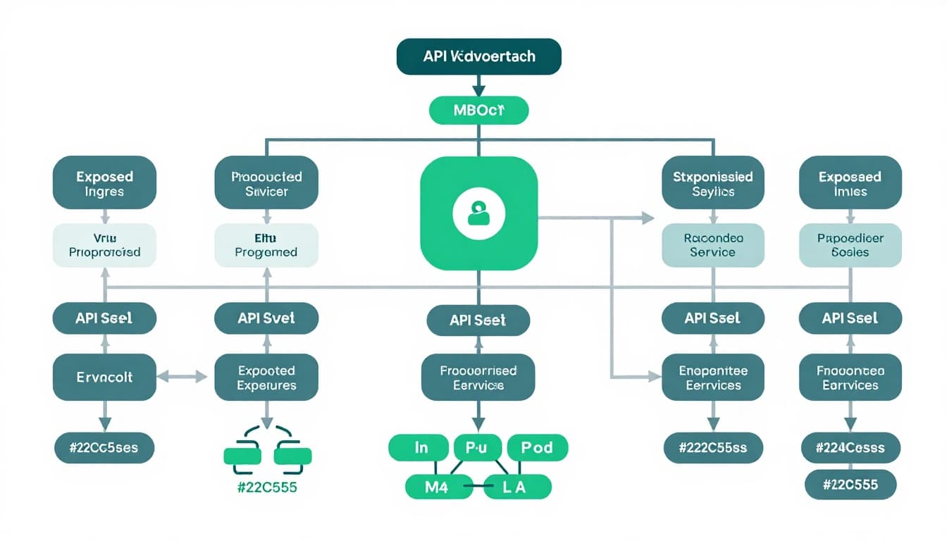 Top-down illustration of Kubernetes cluster with control plane, etcd, API server, nodes, pods, services, highlighting exposed ingress and RBAC in green.
