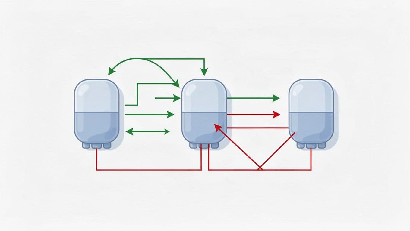 Three pods in namespaces connected by green arrows for allowed traffic and red lines for blocked paths.