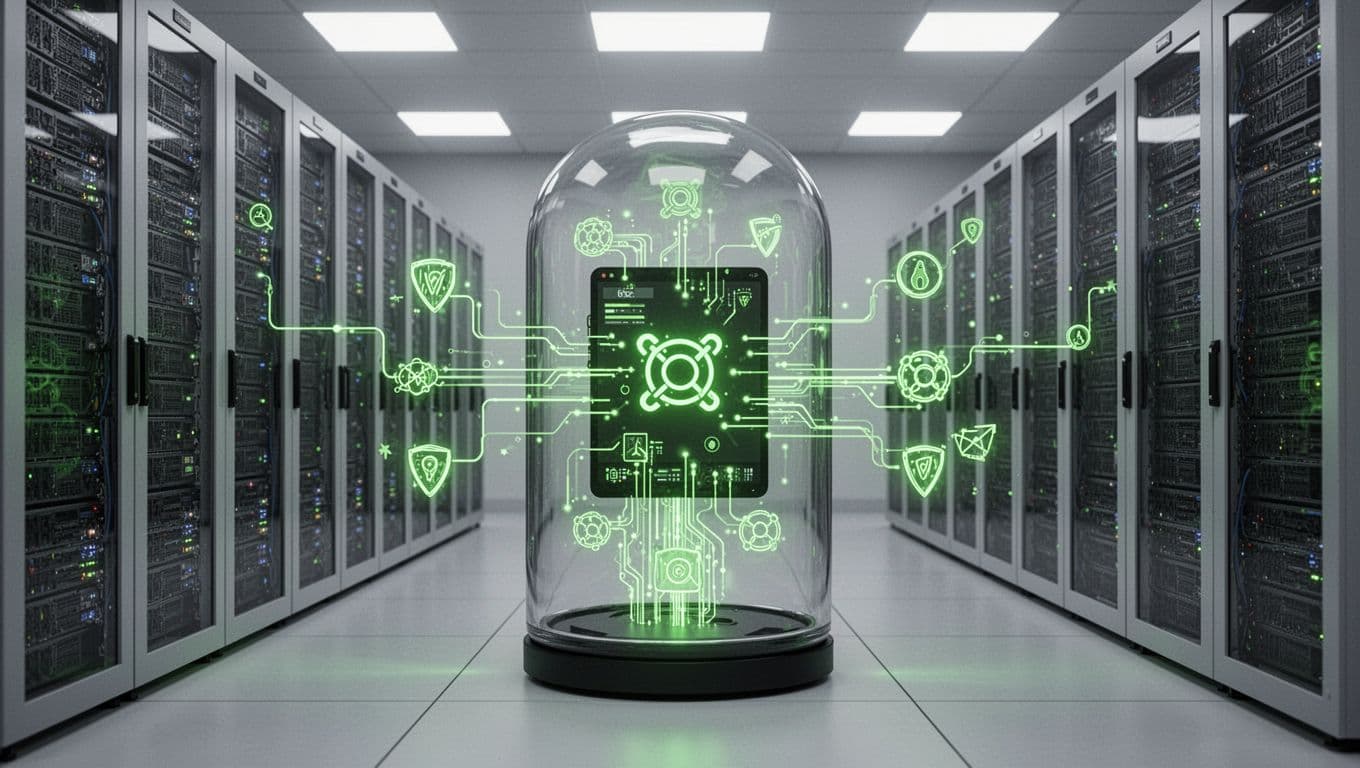 Kubernetes pod under attack displays container privilege escalation, anomalous processes, and network breakout amid data center server racks.