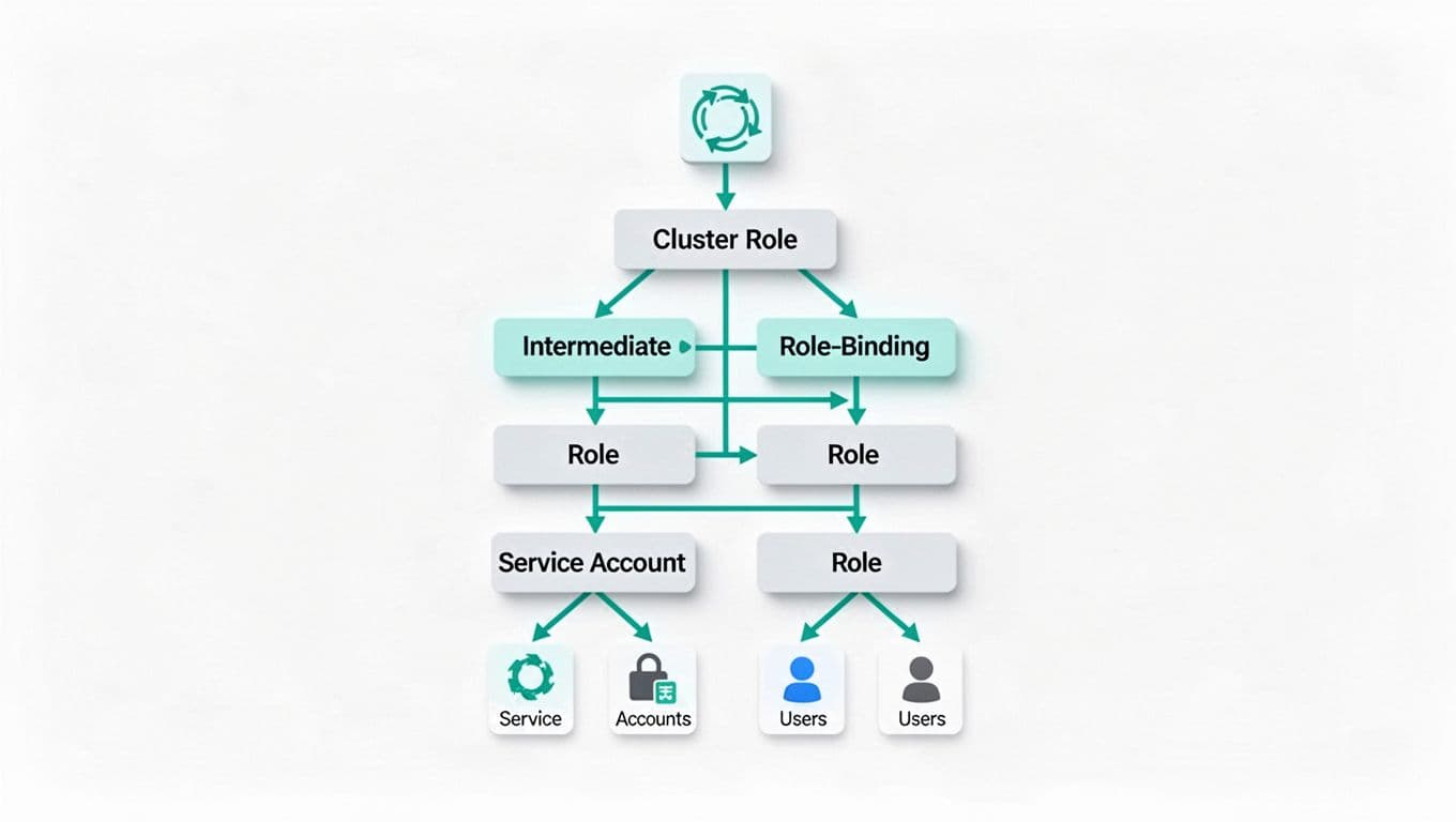 Clusterrole at top connects to rolebindings, roles link to service accounts and users below on white background.