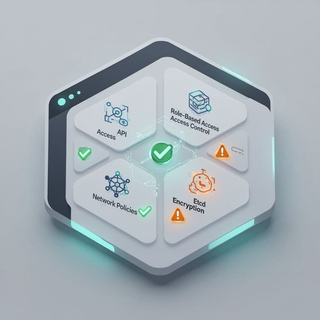 Isometric digital screen shows Kubernetes security checklist with icons for API access, RBAC, network policies, etcd encryption, checkmarks, and warnings.