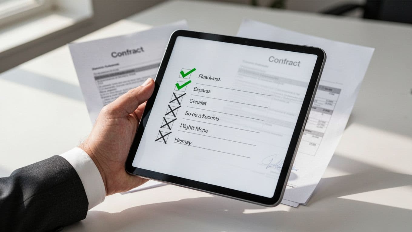 Lawyer's hand holds digital tablet showing checklist with security items checked off in green, faint contract background.