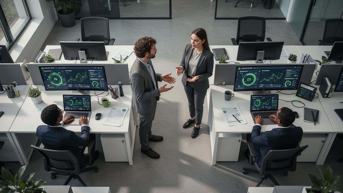 Overhead view of three-person cybersecurity team in modern office, two at desks viewing security dashboards on laptops, one leading standup meeting.