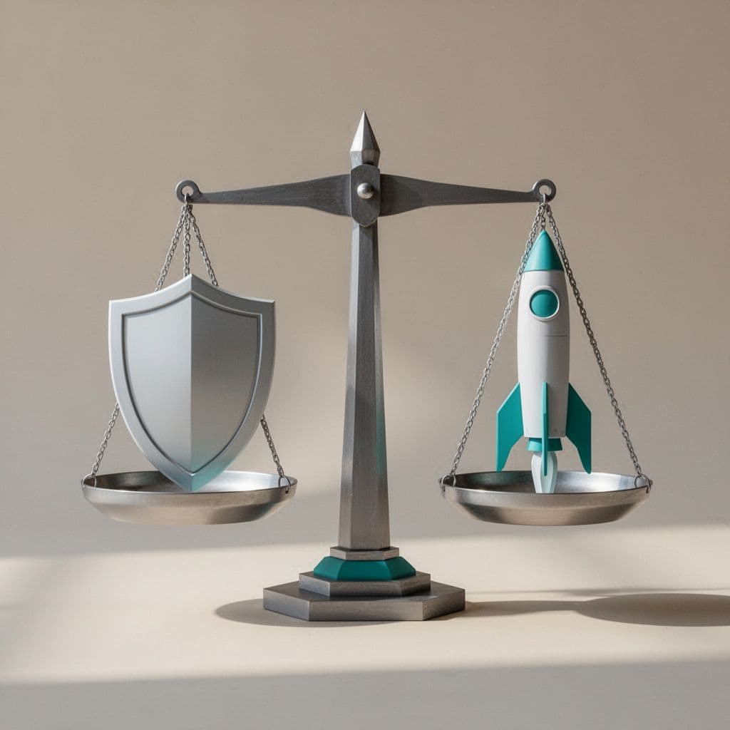 Balance scale with security shield on one side and rocket ship on the other, minimalist green accents on neutral background.
