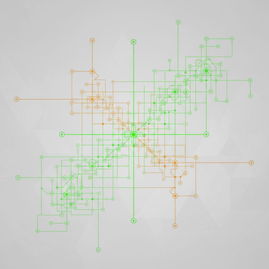 Complex grid of connected nodes with green glowing secure parts and amber pulsing exposures on grey background.