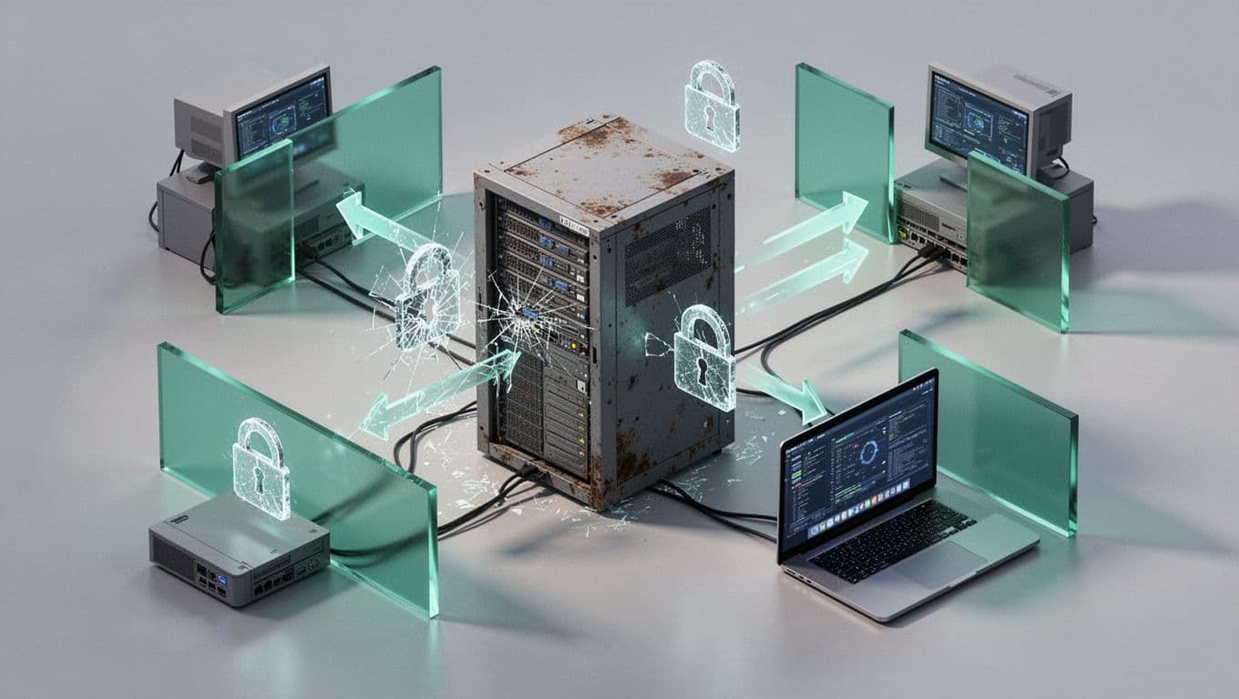 Old mainframe server rack connects to modern network with broken locks and lateral movement arrows; green barriers form isolated segments.