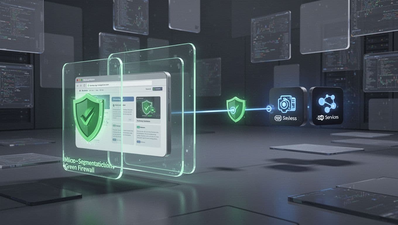 Old web app container behind green firewalls and barriers, safely connected to modern services.