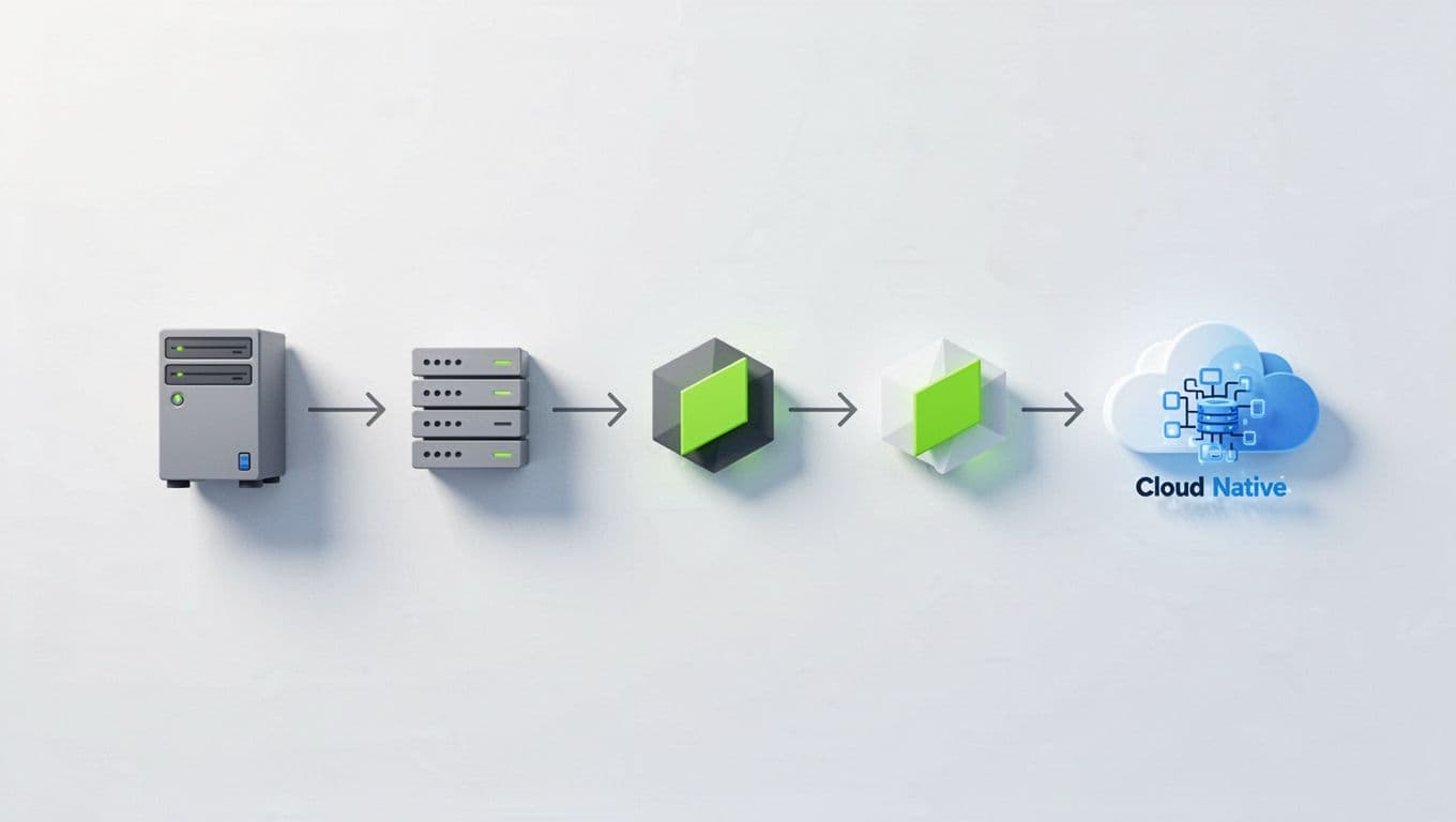 Horizontal timeline path from old server to cloud-native app with arrow-linked steps accented in green.