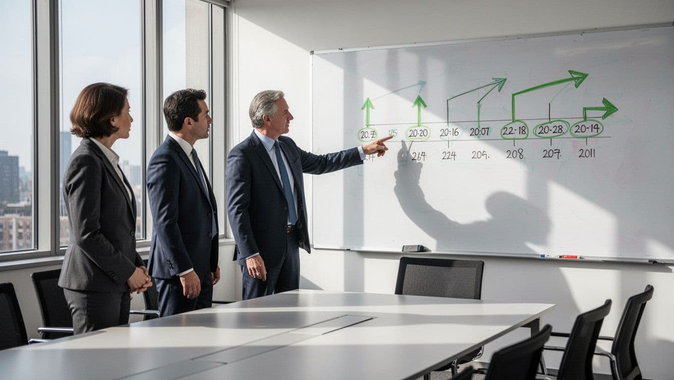 Three lawyers in conference room review whiteboard data breach timeline chart, one points to 72-hour and 30-day dates.