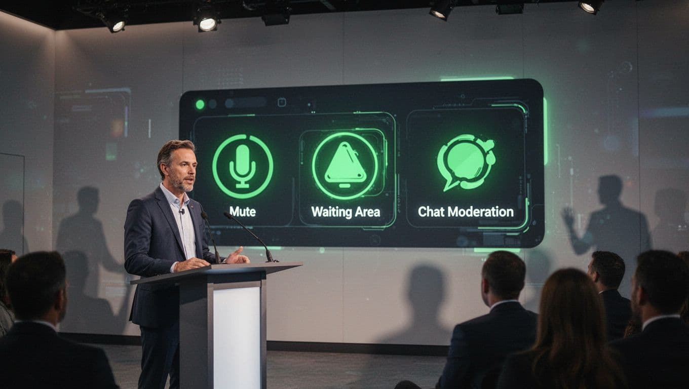 Dashboard shows mute buttons, waiting room, and chat moderation panel. Host stands at podium with blurred attendees in control room background.
