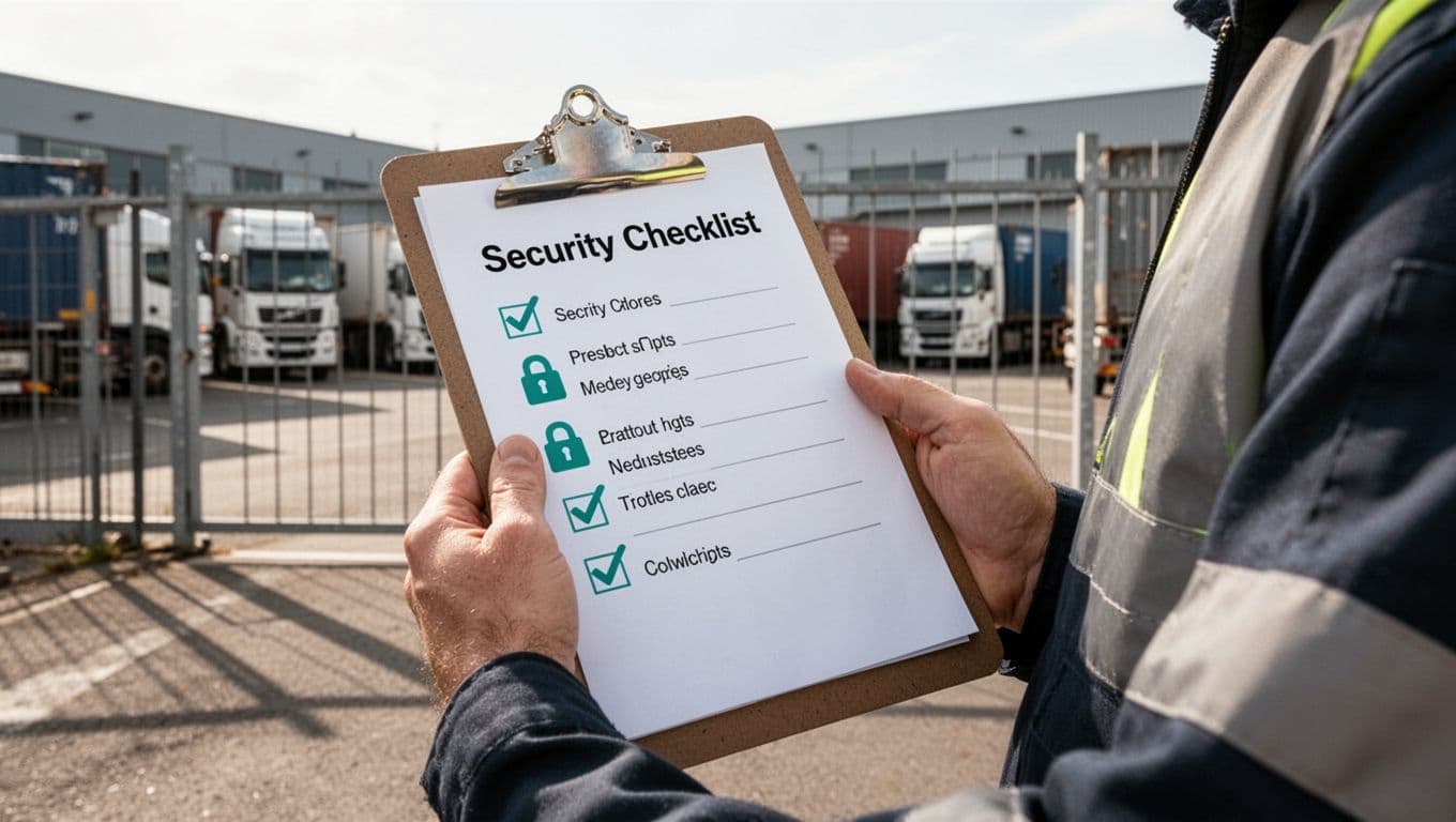 Logistics worker holds clipboard checklist near shipping dock with trucks and secure fencing.