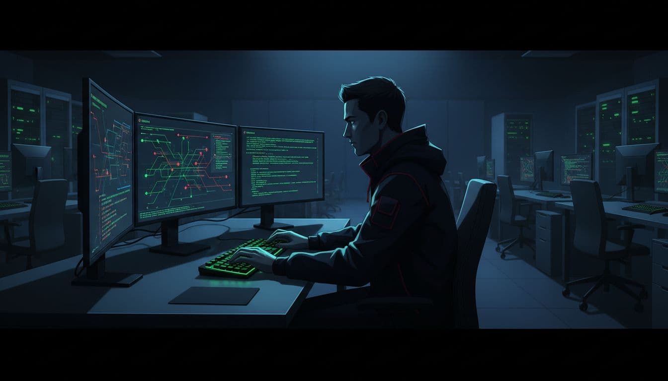 Single red team operator works intently at desk with three monitors showing network diagrams in dimly lit empty cybersecurity center.