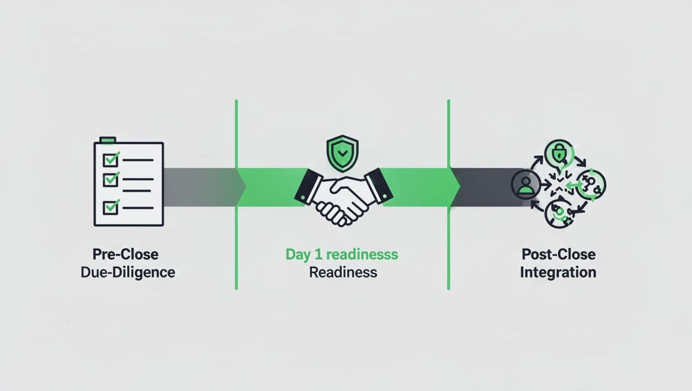 Horizontal timeline showing three M&A security phases with checklist, handover, and merge icons.