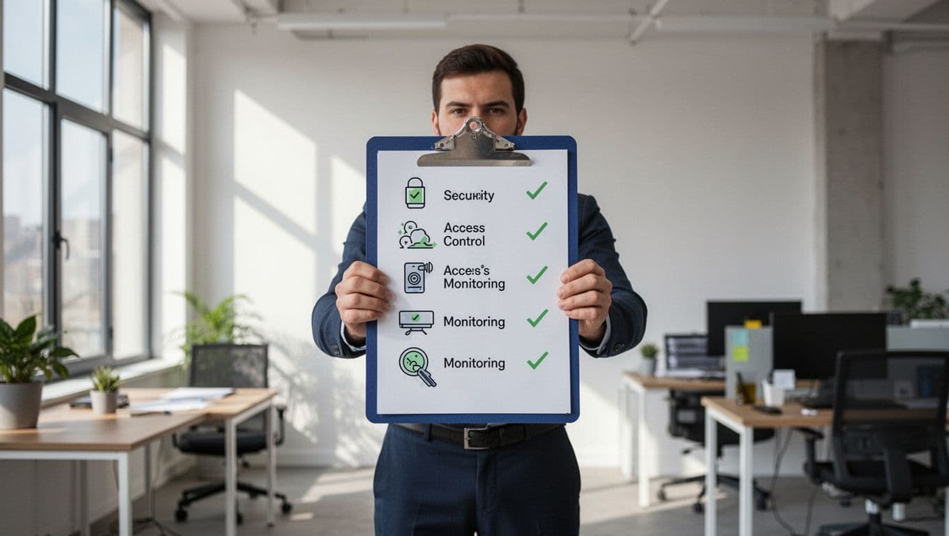 Office manager holds clipboard with checklist of security steps marked by green checkmarks and icons.
