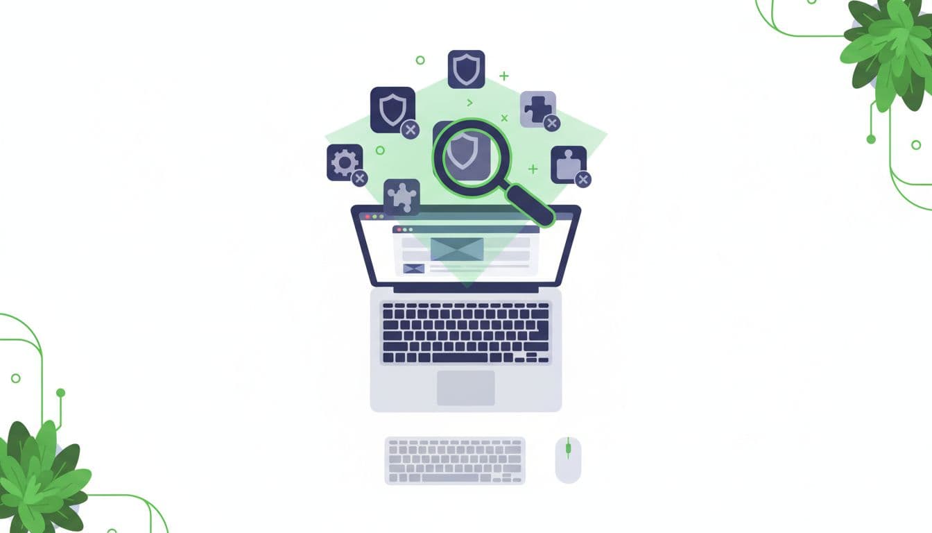 A top-down view of a modern workstation features a laptop surrounded by floating, stylized icons representing browser extensions. A magnifying glass hovers above, suggesting a professional security audit and technical review.