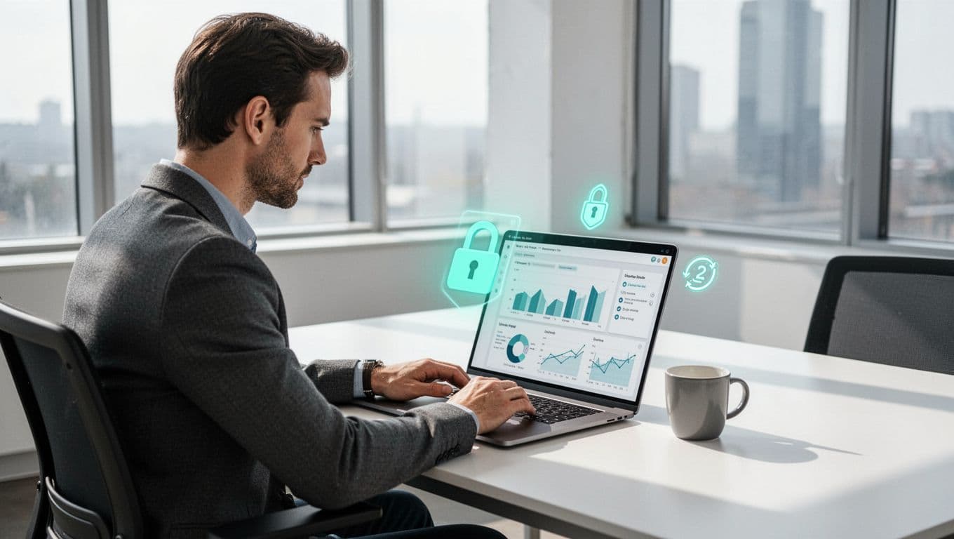 Marketing leader at bright office desk reviews CRM dashboard on laptop with 2FA icon and locked folder, coffee mug nearby.