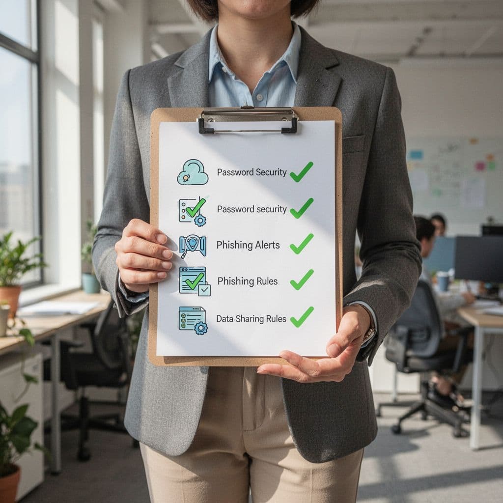 Marketing professional holds clipboard with security icons and green checkmarks in office.