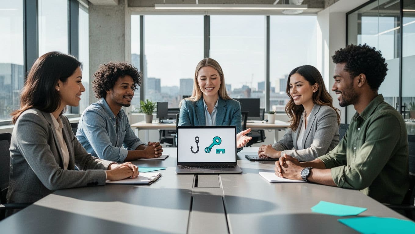Five diverse professionals around a table in modern office, one presenting phishing and password icons on laptop.