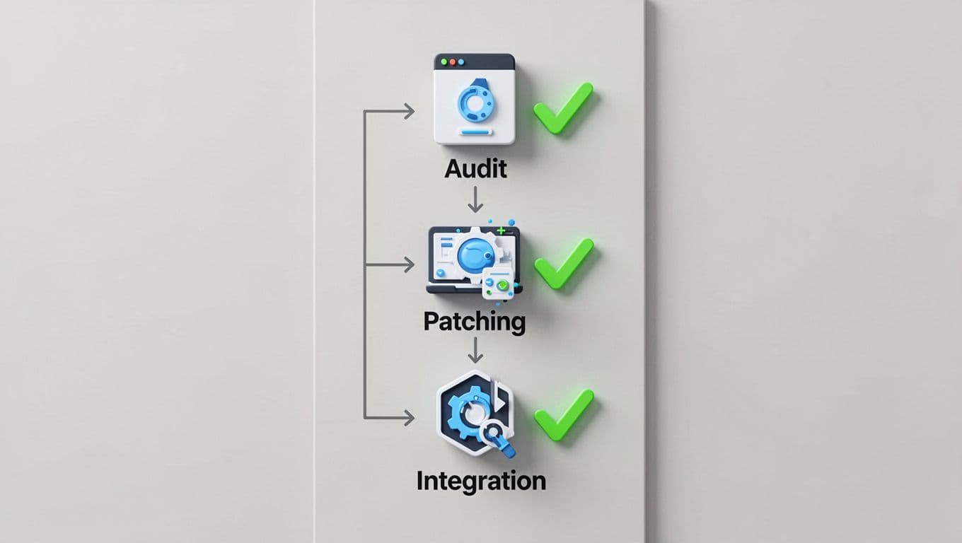 Vertical flowchart with sequential audit, patch, and integrate icons plus green checkmarks on neutral background.