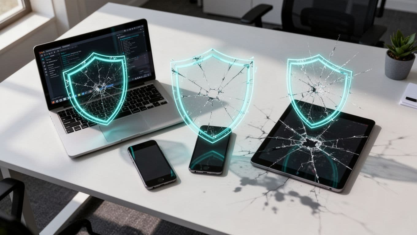 Laptop, phone, and tablet on desk; some protected by glowing green shields, others showing cracks and shadows.