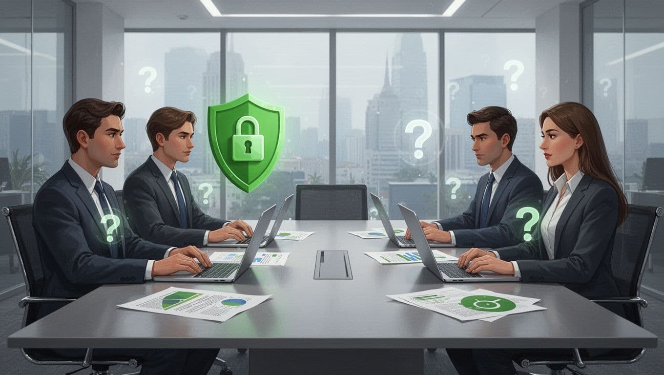 Two teams of three face across conference table with merger documents; green shields on one side, scattered laptops and question marks on the other.
