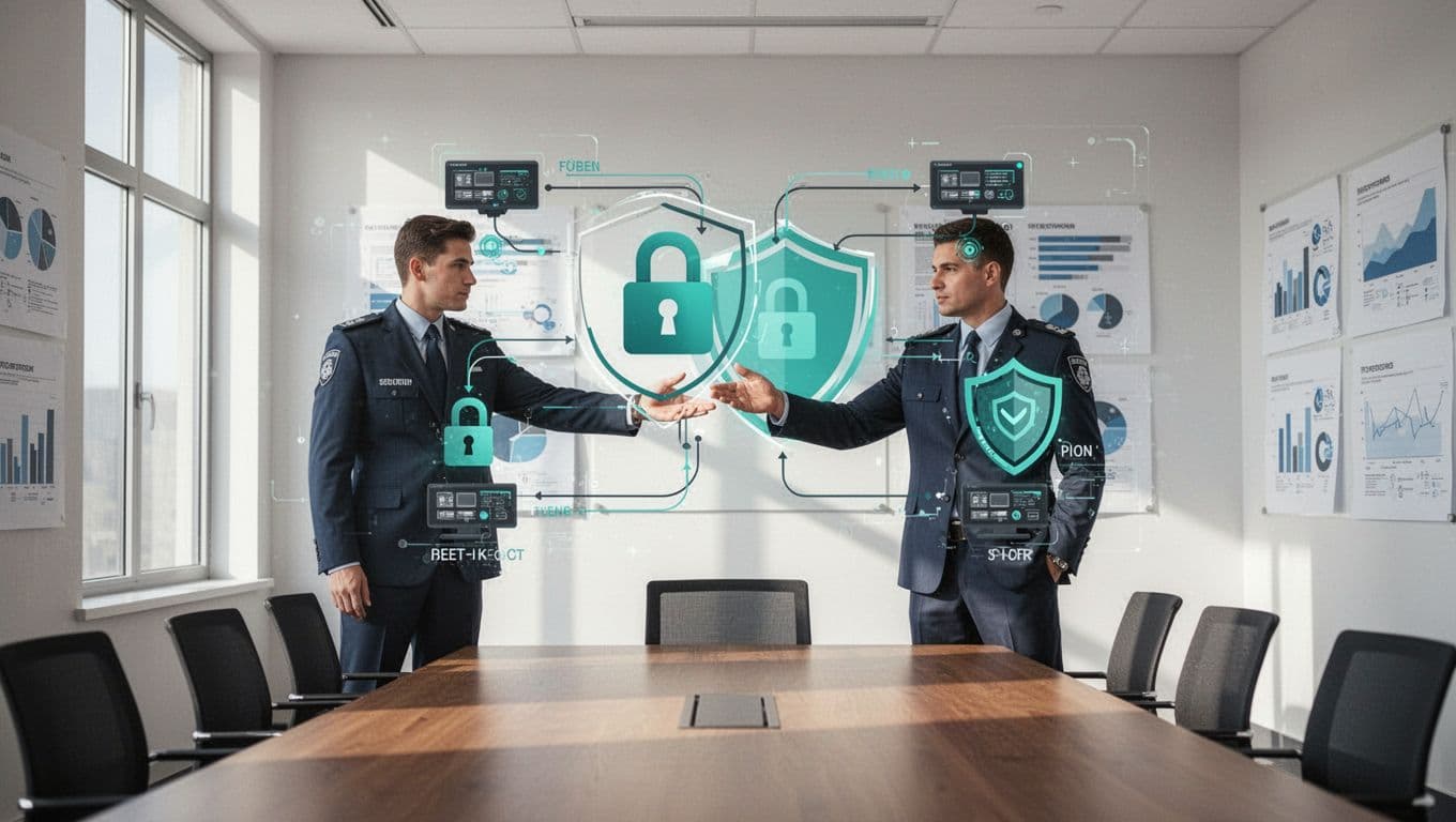 Two IT networks merge with overlapping security locks and shields in a conference room; one professional points at wall diagram.