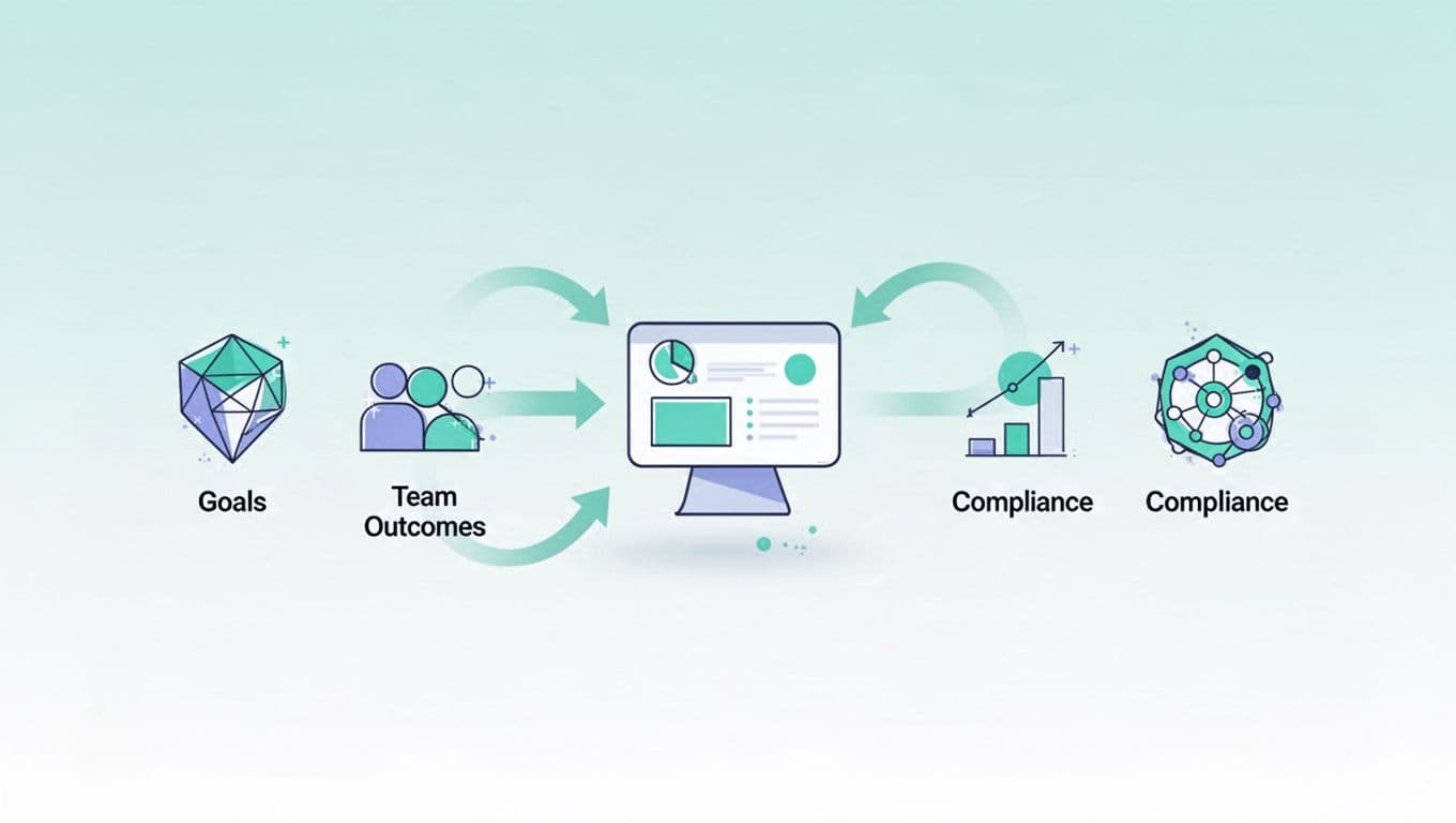 Framework diagram with icons for goals, team, outcomes, and compliance connected by arrows to a dashboard.