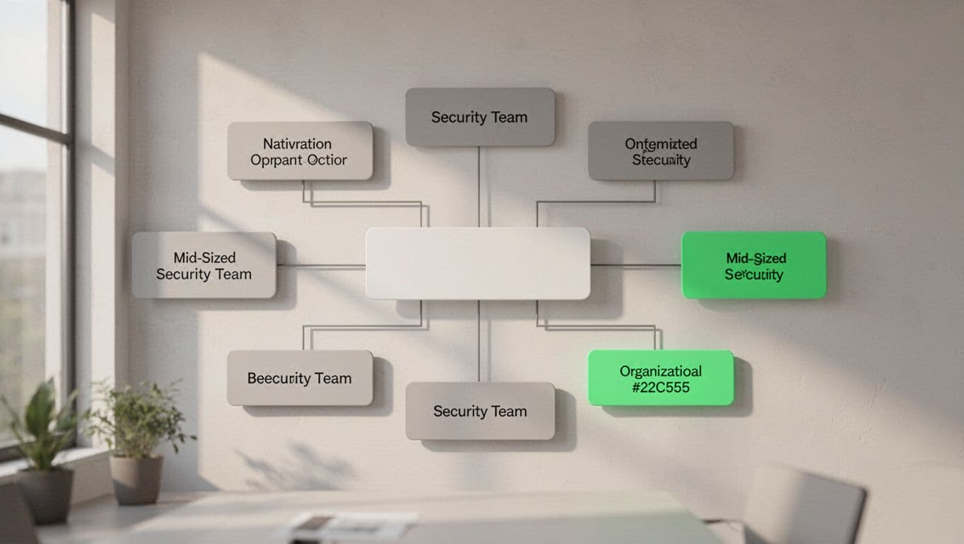 Hierarchical boxes connected by lines show CISO above security operations lead with two analysts, GRC specialist, and IAM engineer.
