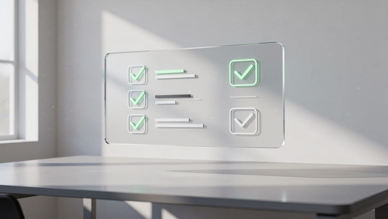A clean minimalist digital checklist interface floats above a desk with soft green accents.