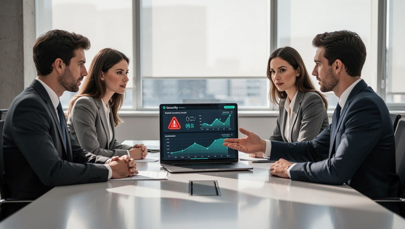 Two interviewers and a candidate at a conference table view a laptop screen showing security dashboard with alerts and graphs; candidate gestures with open hand.