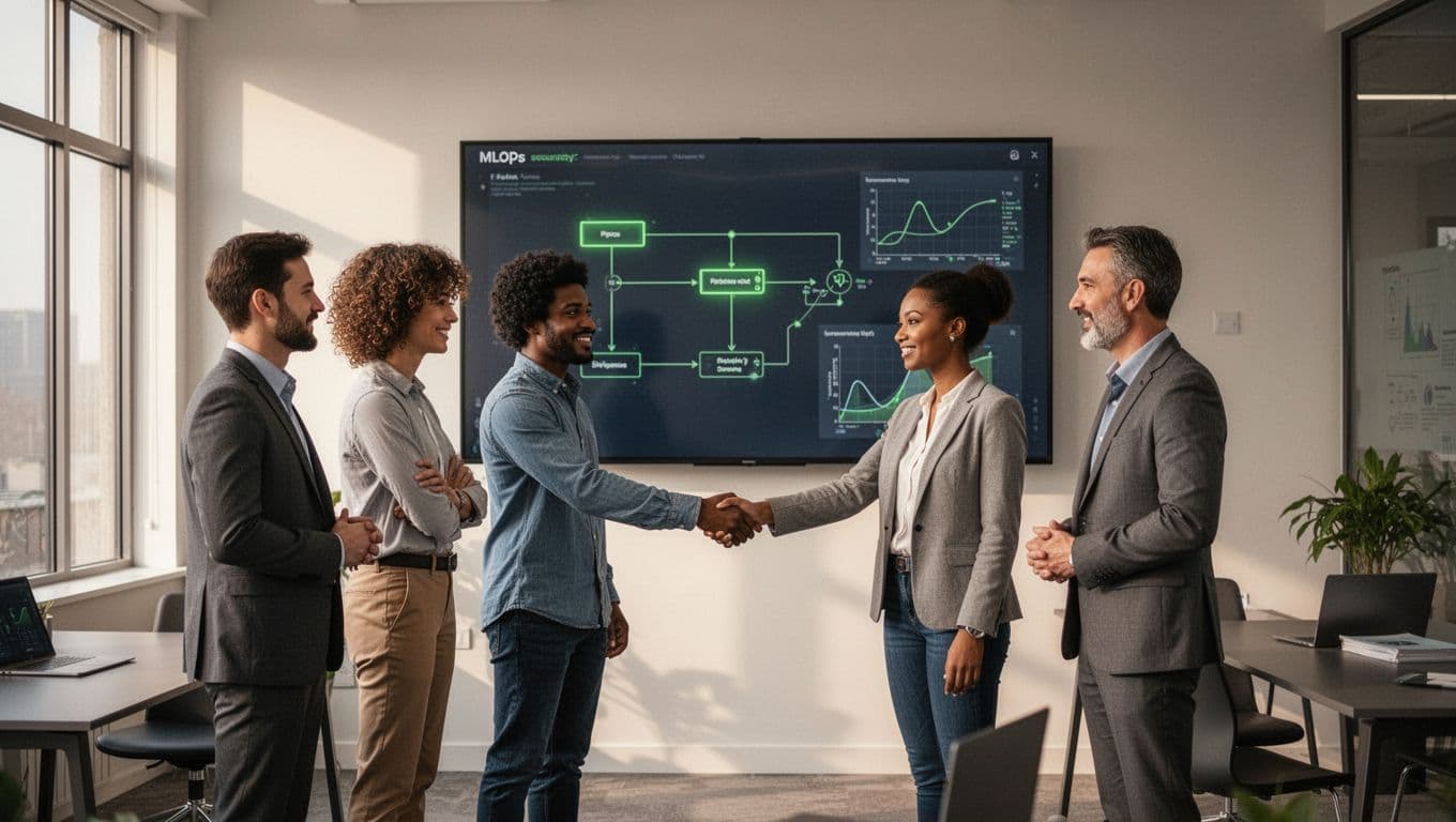 New specialist shakes hands with manager as four diverse team members view green-highlighted pipeline diagram on office wall screen.
