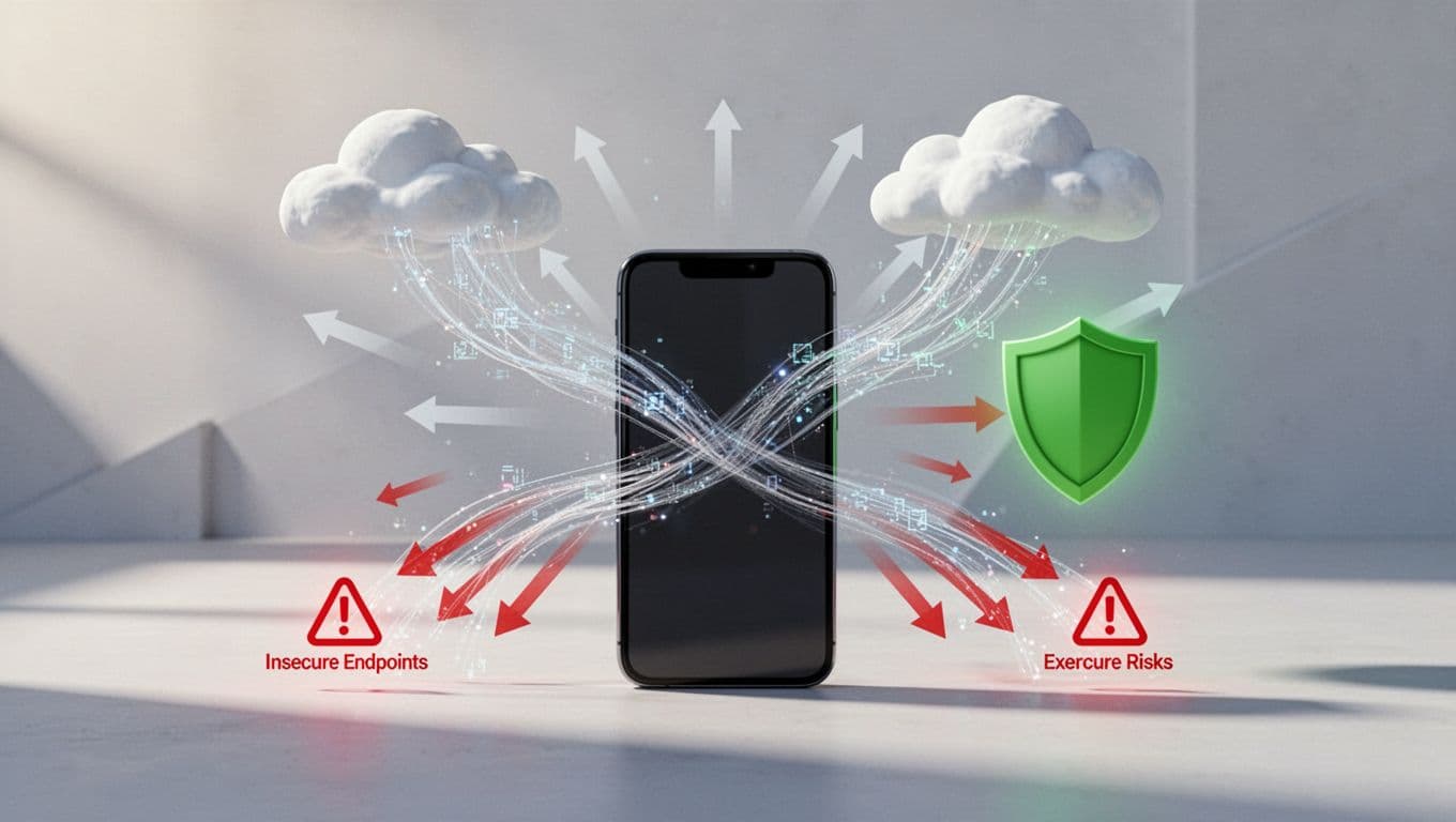 Central smartphone surrounded by red arrows showing data leaks to cloud servers, contrasted with green locked secure icons.