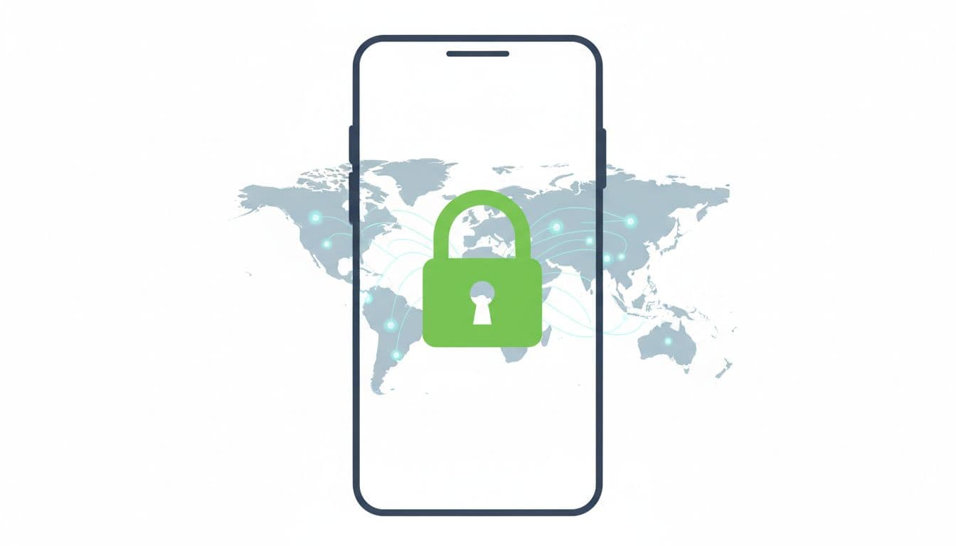 A modern smartphone illustration features a prominent lock icon over a subtle map background.