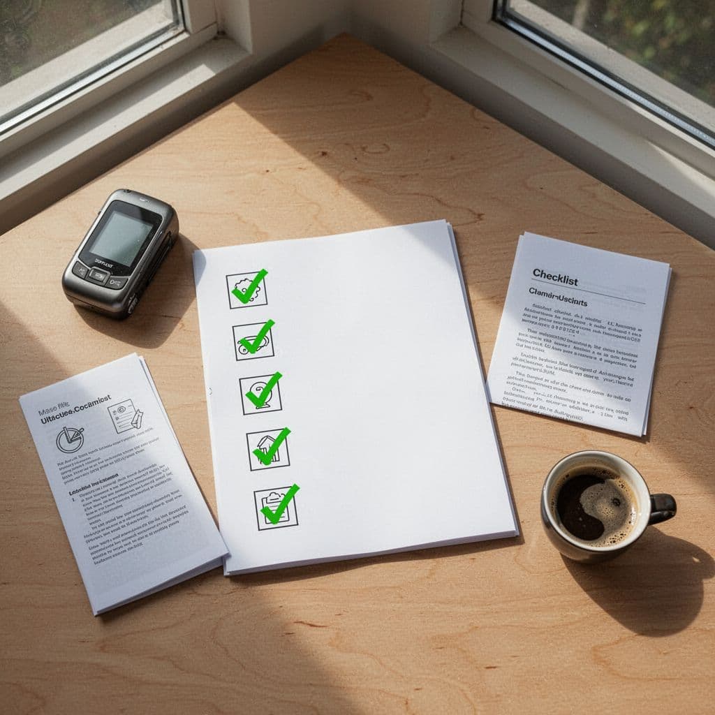 Tabletop view of checklist with green checkmarks on mobile security icons, scanners and reports nearby.