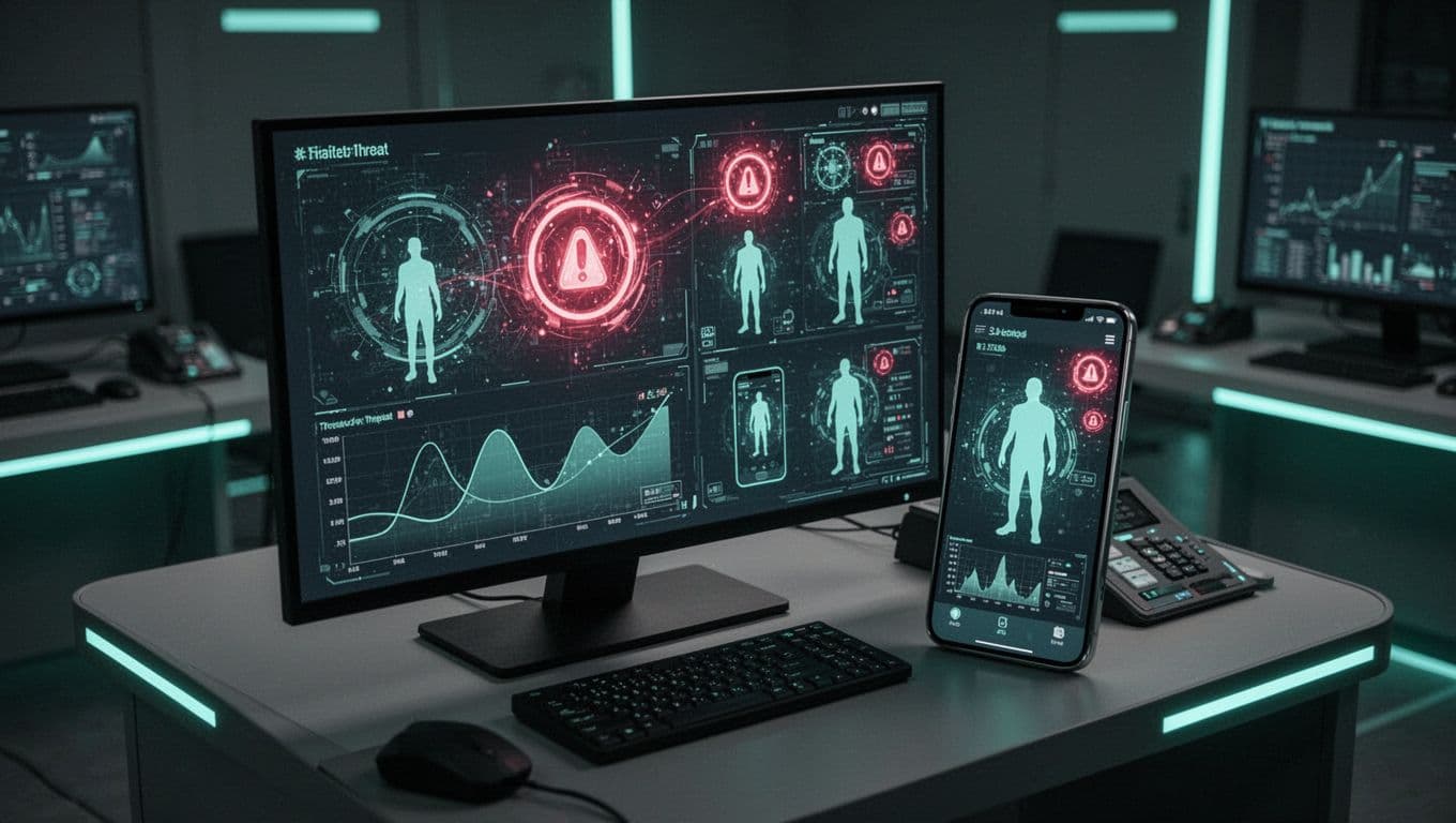 Isometric dashboard screen in dim room shows graphs, alerts, mobile icons, zero trust barriers, and green safe zones.