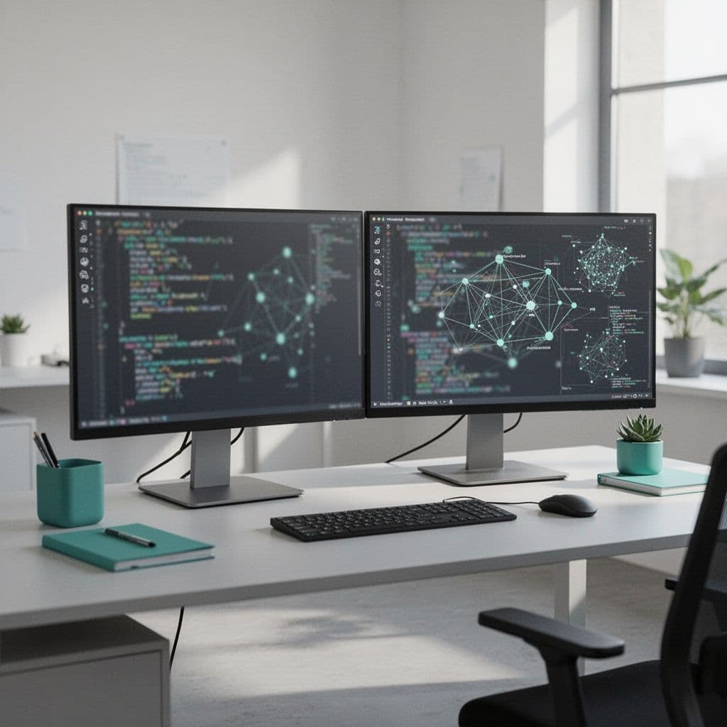 A minimalist office desk features dual monitors displaying coding snippets and network security flow charts.