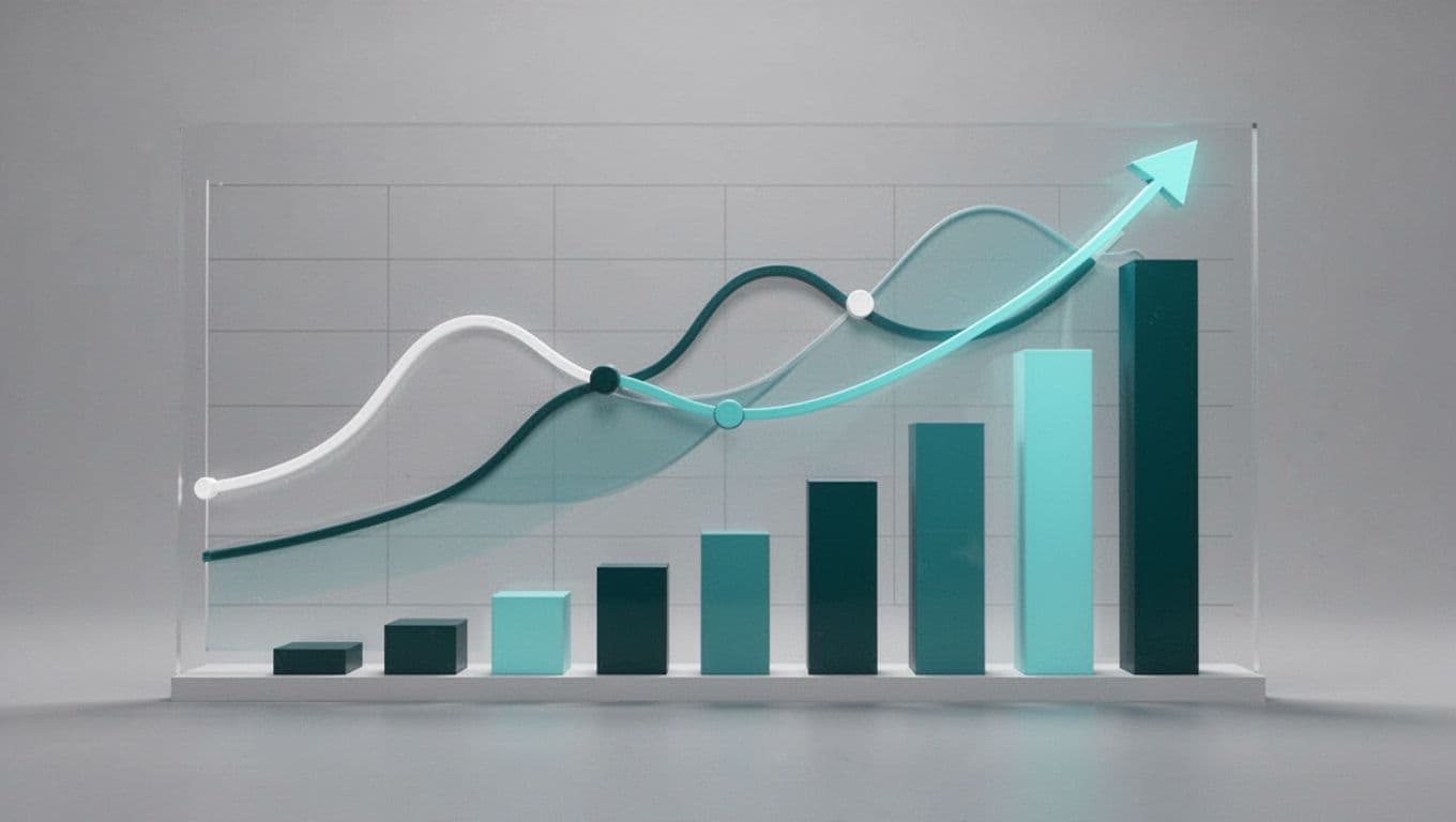 A minimalist dashboard features abstract trend lines and growth bars in vibrant green against a grey background.