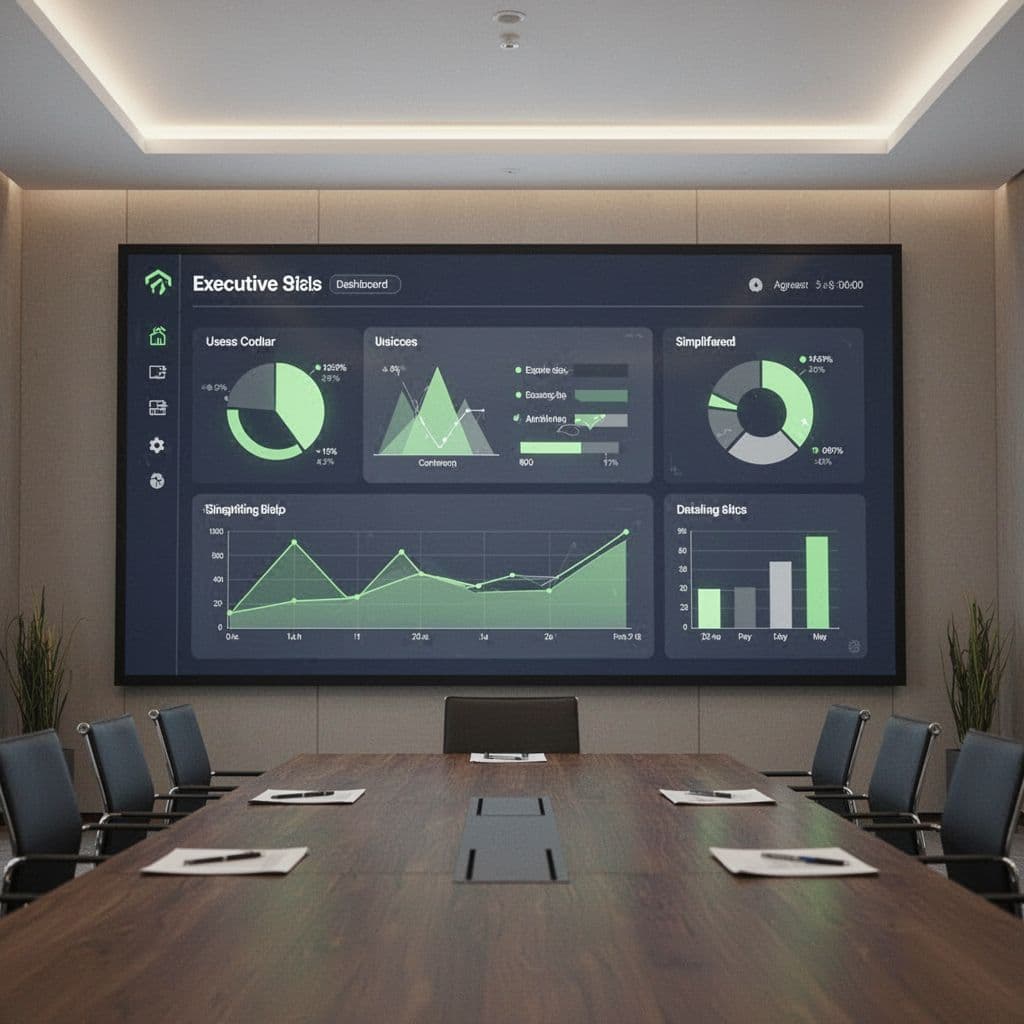 A clean digital dashboard displays simplified data visualizations with professional green accents on a large screen.