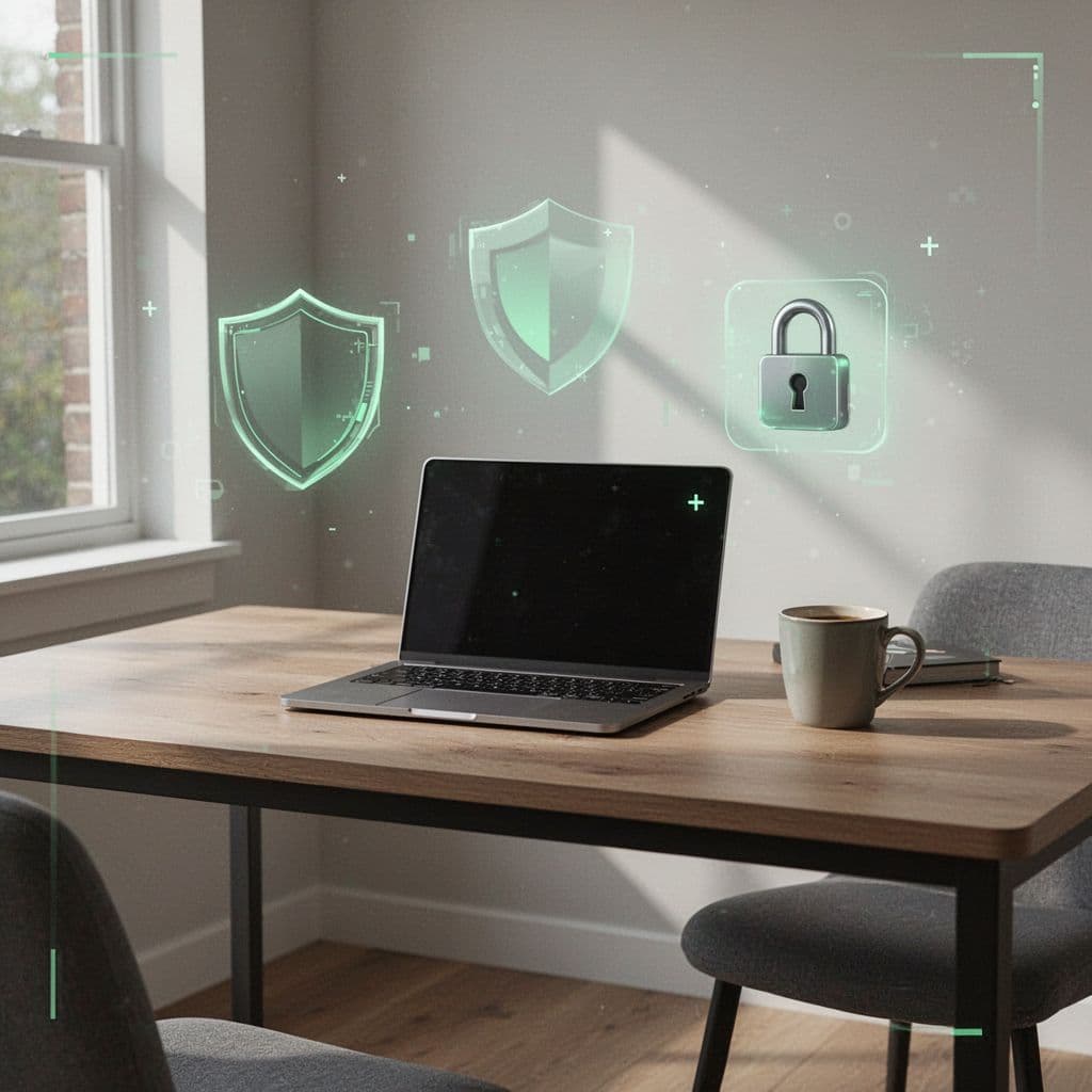 A minimalist home office desk features a laptop, a coffee mug, and hovering digital security icons.