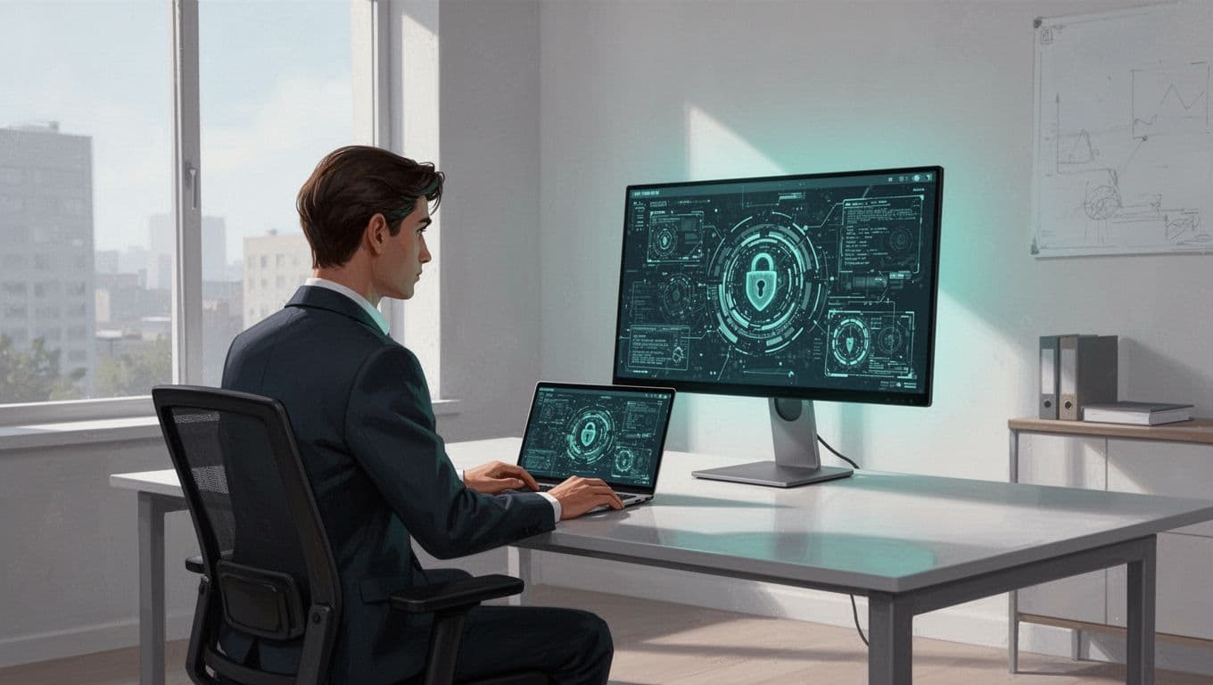 A professional analyst works at a minimalist desk with a monitor displaying digital security patterns.